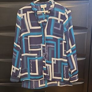 Laundry Navy and Teal Geometric Blouse